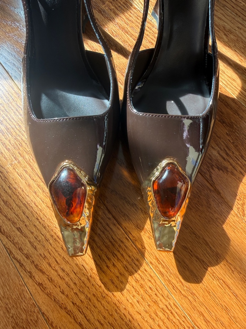 Jeffrey Campbell Brown Slingback Pumps with Gold & Amber Accent - Picture 2 of 5